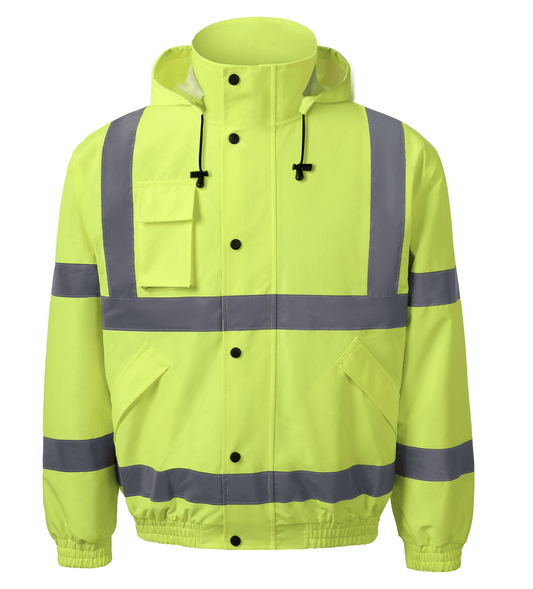 Hi-vis yellow bomber jacket with reflective stripes, designed for workwear and outdoor safety in low-light conditions.