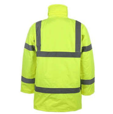 Back view of Bordeaux hi-vis yellow safety parka with reflective stripes, designed for workwear protection and visibility.