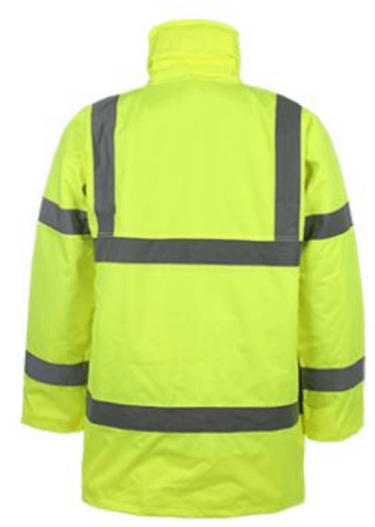 Back view of Bordeaux hi-vis yellow safety parka with reflective stripes, designed for workwear protection and visibility.