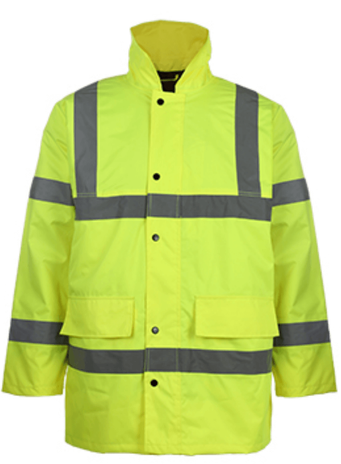 High-visibility yellow safety jacket with reflective stripes, ideal for workwear and outdoor safety.