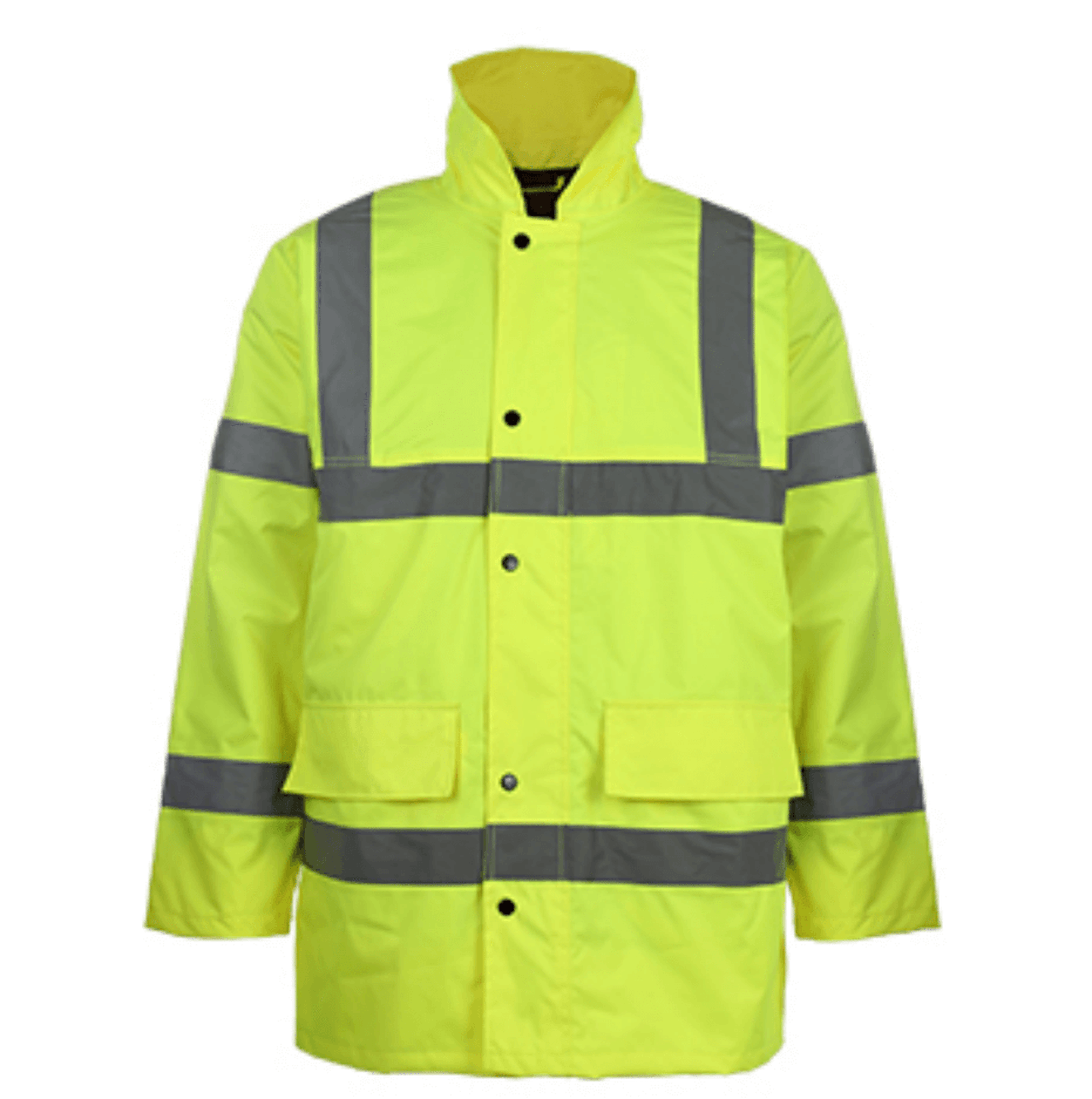 High-visibility yellow safety jacket with reflective stripes, ideal for workwear and outdoor safety.