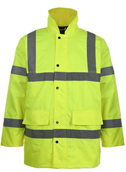 High-visibility yellow safety jacket with reflective stripes, ideal for workwear and outdoor safety.