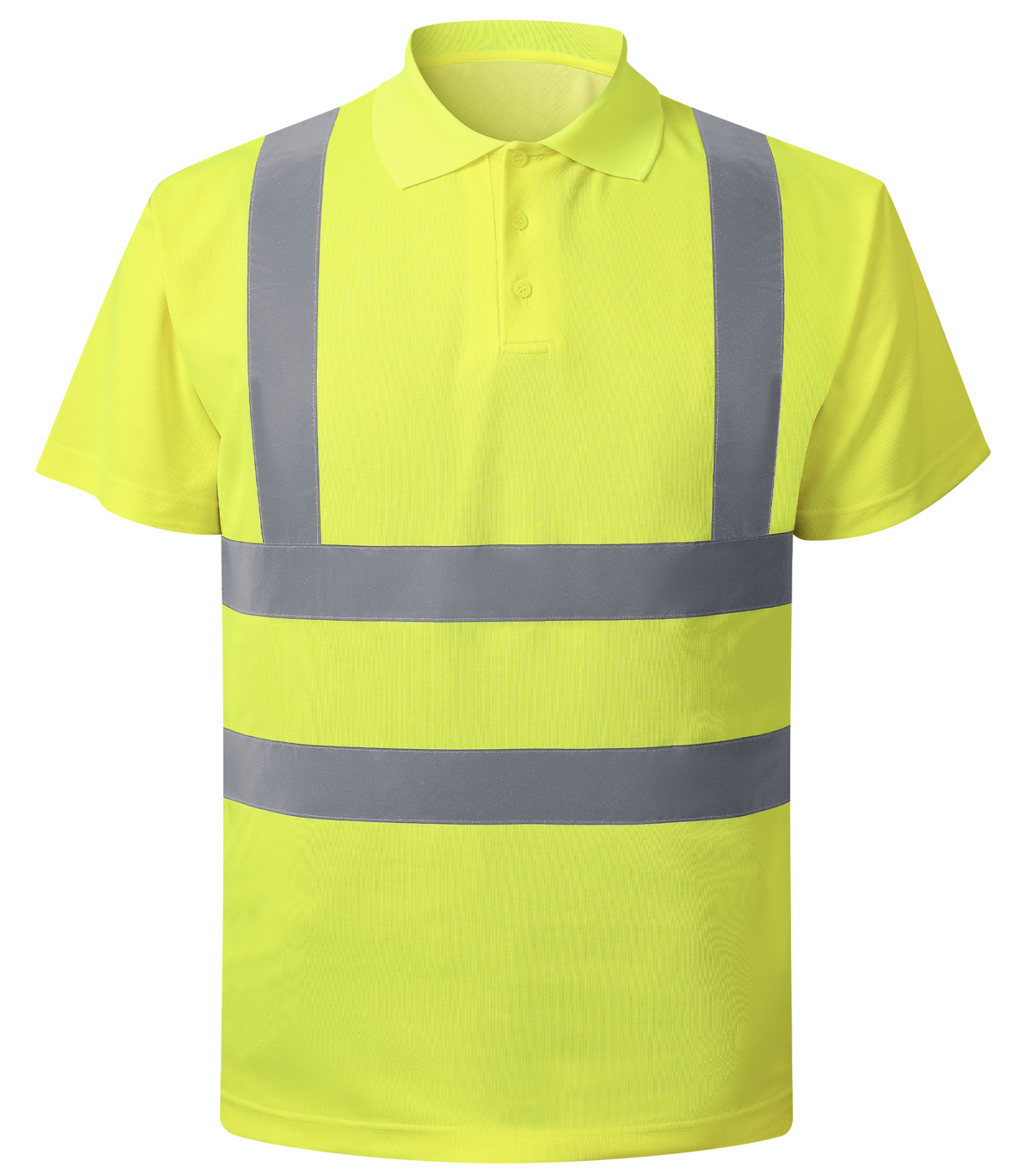 A yellow polo shirt featuring reflective stripes, designed for visibility and style in various settings.