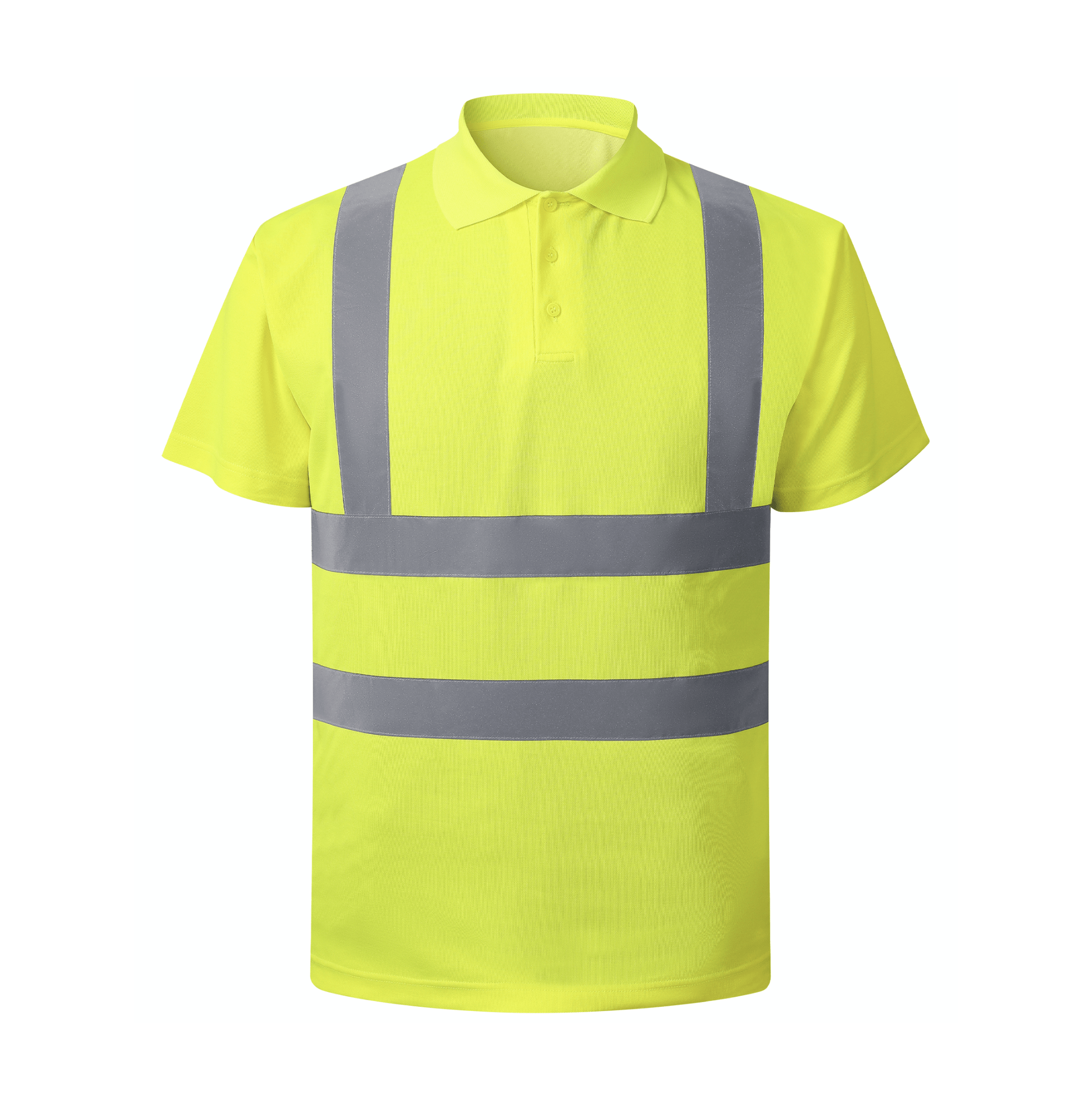 A yellow polo shirt featuring reflective stripes, designed for visibility and style in various settings.