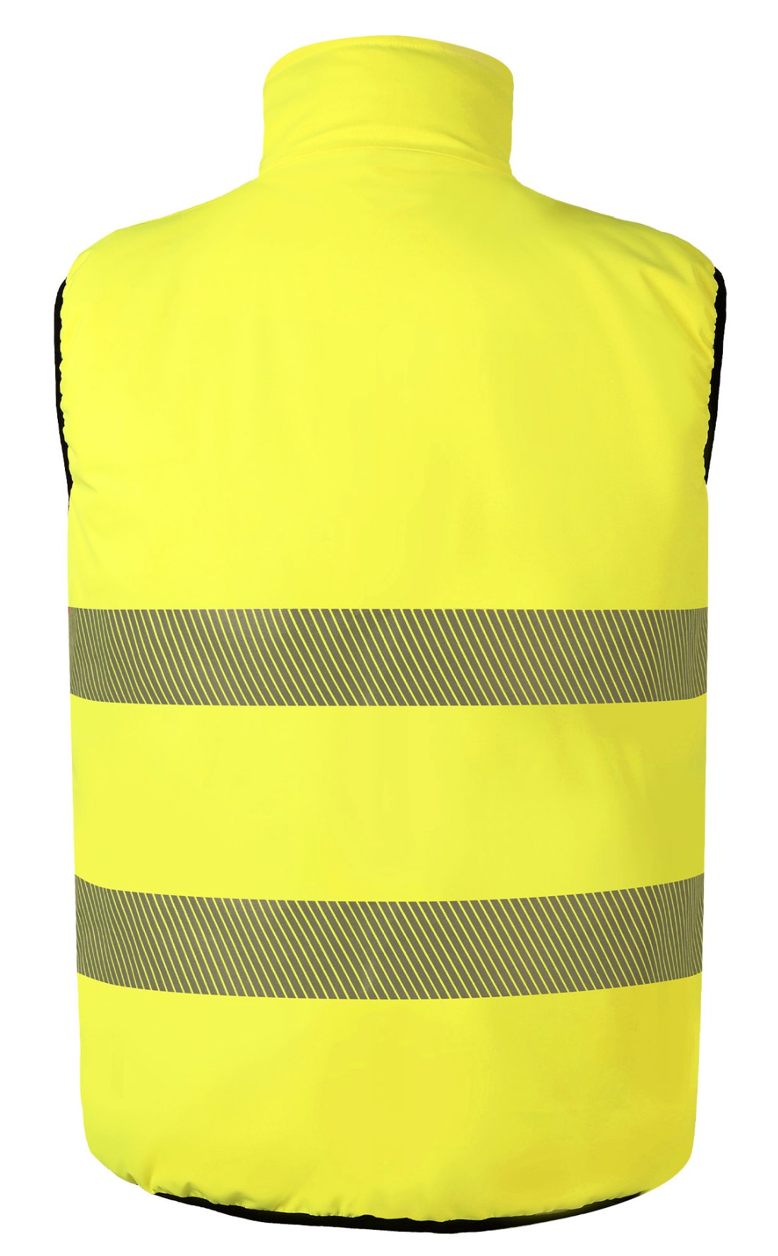 High-visibility yellow vest with reflective stripes, designed for workwear and safety in various environments.