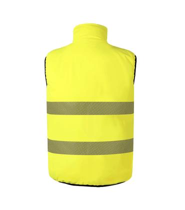 High-visibility yellow vest with reflective stripes, designed for workwear and safety in various environments.