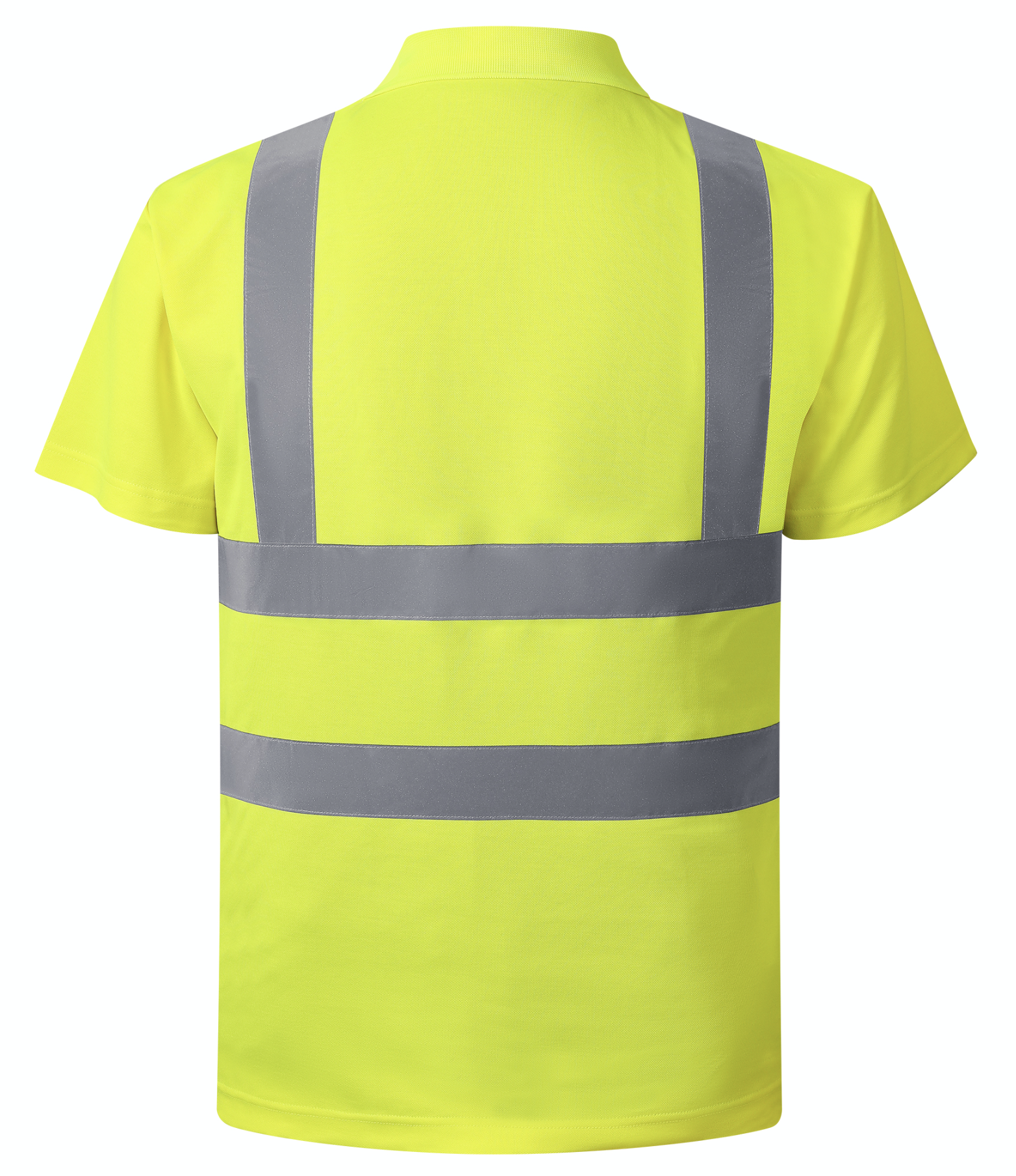 A yellow polo shirt featuring reflective stripes, designed for visibility and style in various settings.