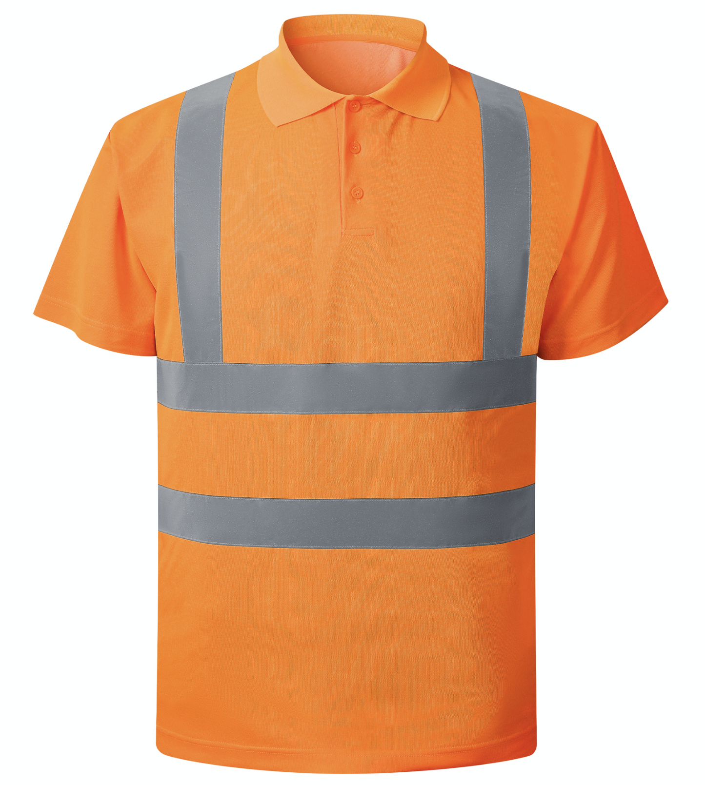  A orange polo shirt featuring reflective stripes, designed for visibility and style in various settings.