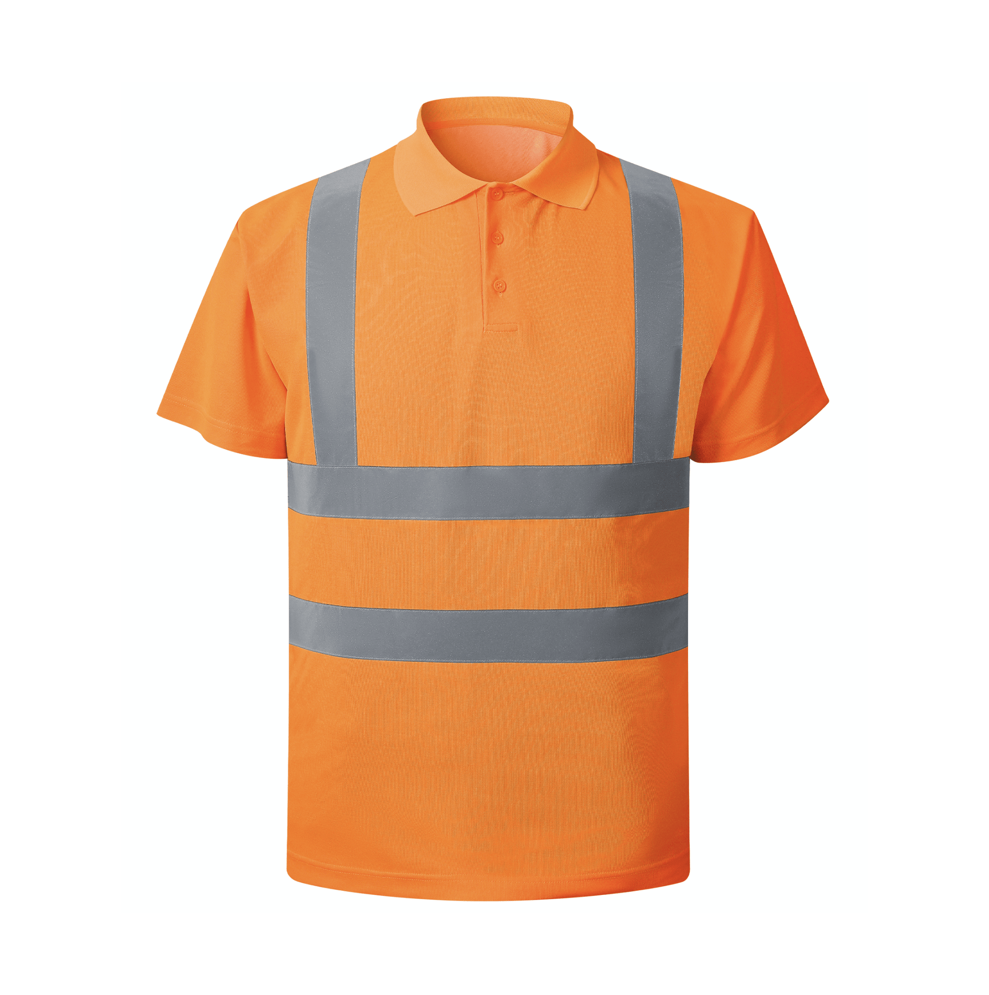  A orange polo shirt featuring reflective stripes, designed for visibility and style in various settings.