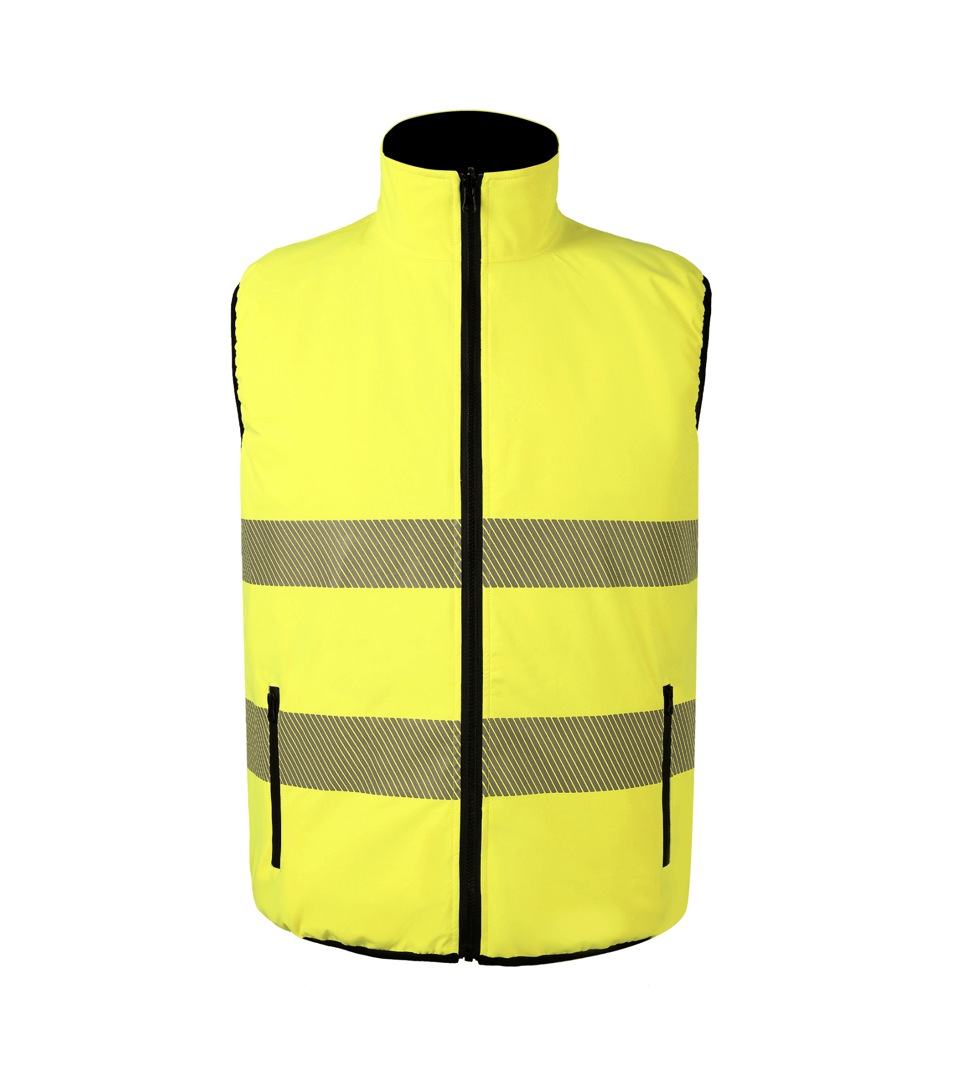 High-visibility yellow vest with reflective stripes, ideal for workwear and outdoor safety.