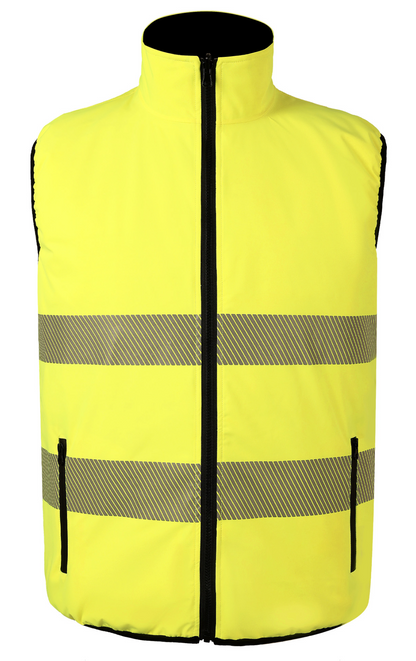 High-visibility yellow vest with reflective stripes, ideal for workwear and outdoor safety.