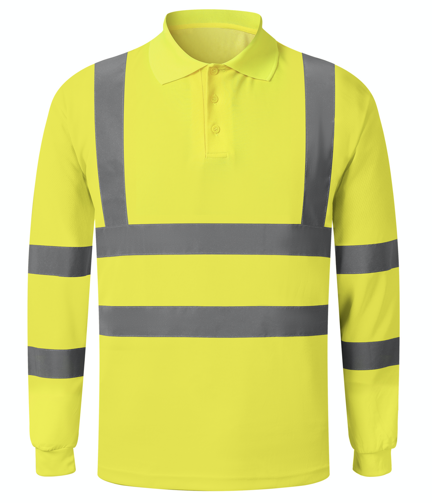 A yellow long sleeve polo shirt featuring reflective stripes for enhanced visibility and style.