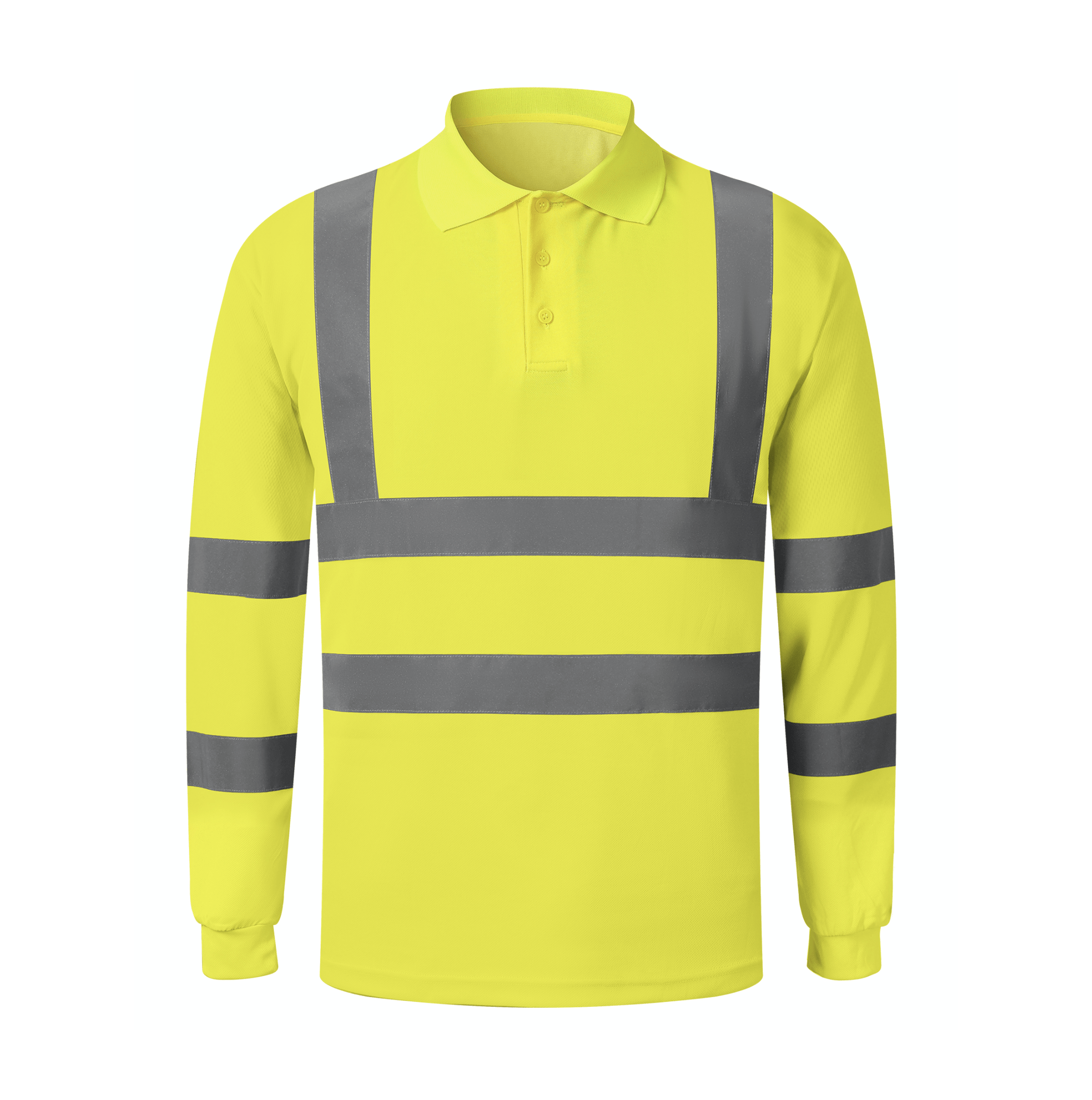 A yellow long sleeve polo shirt featuring reflective stripes for enhanced visibility and style.