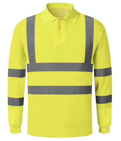 A yellow long sleeve polo shirt featuring reflective stripes for enhanced visibility and style.