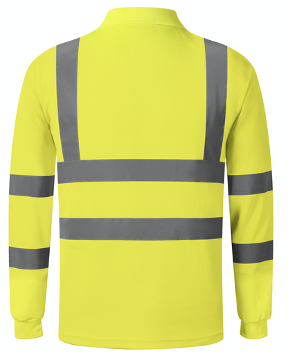 A yellow long sleeve polo shirt featuring reflective stripes for enhanced visibility and style.