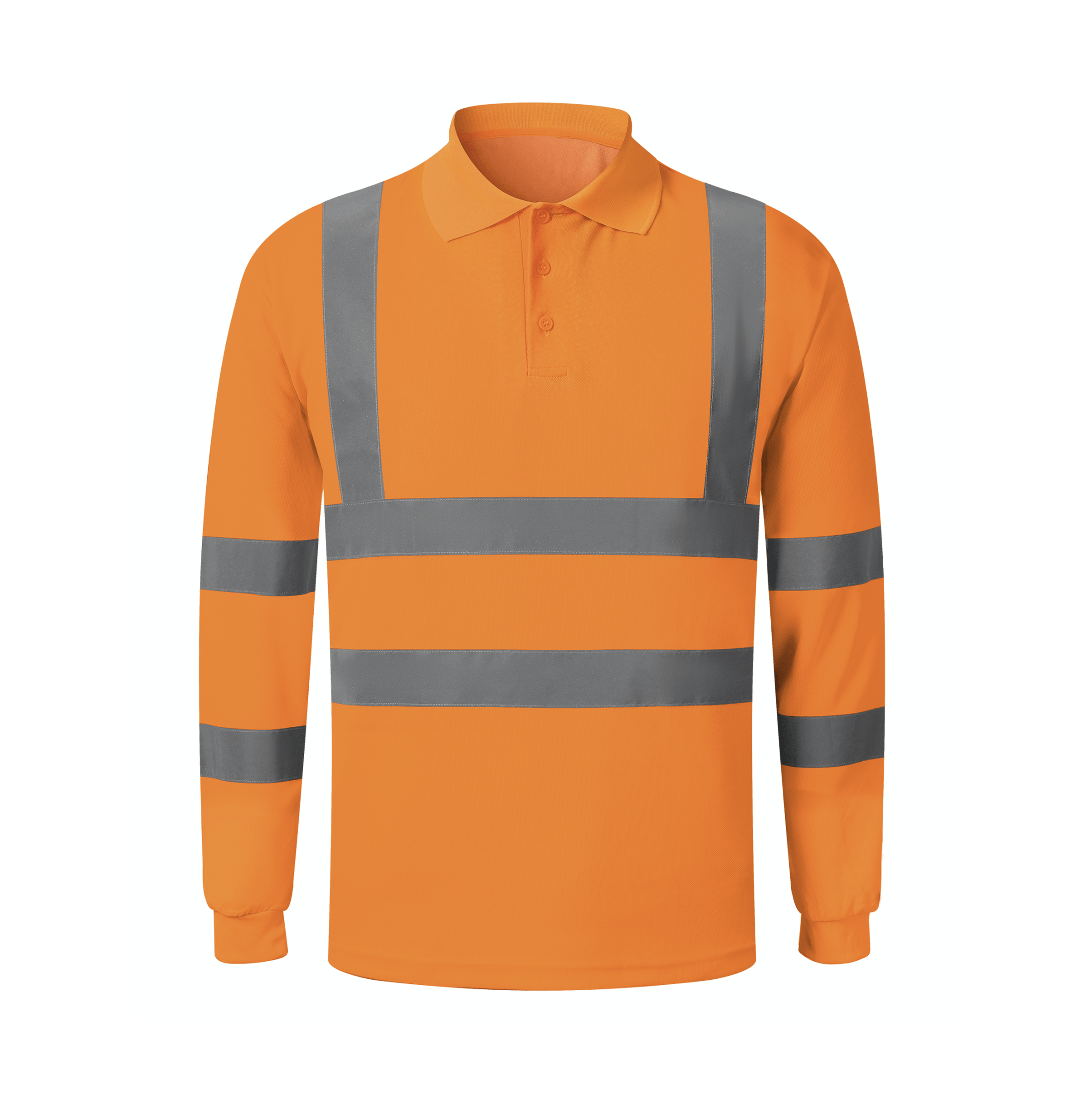 A orange long sleeve polo shirt featuring reflective stripes for enhanced visibility and style.