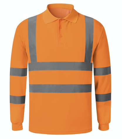 A orange long sleeve polo shirt featuring reflective stripes for enhanced visibility and style.