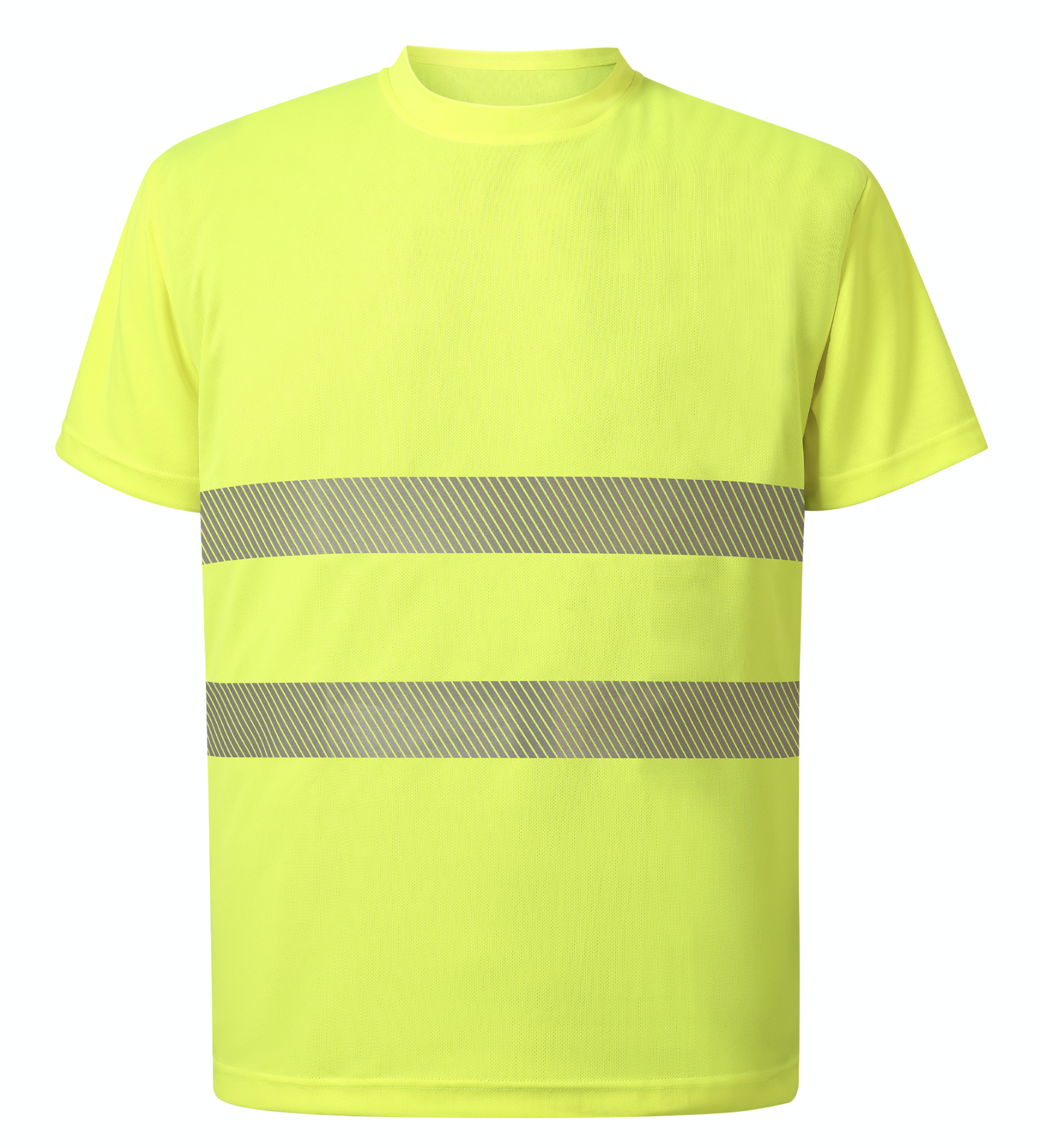 A yellow safety t-shirt adorned with reflective stripes, ensuring high visibility for safety in various environments.