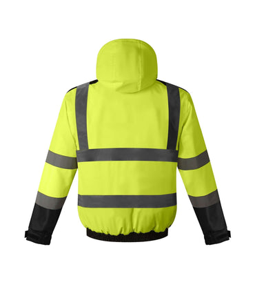 Lubeck WJ302 hi-vis winter bomber jacket for workwear in bright yellow with reflective stripes.