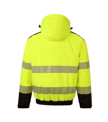 Hi-vis yellow winter bomber jacket for workwear with reflective stripes and black detailing.