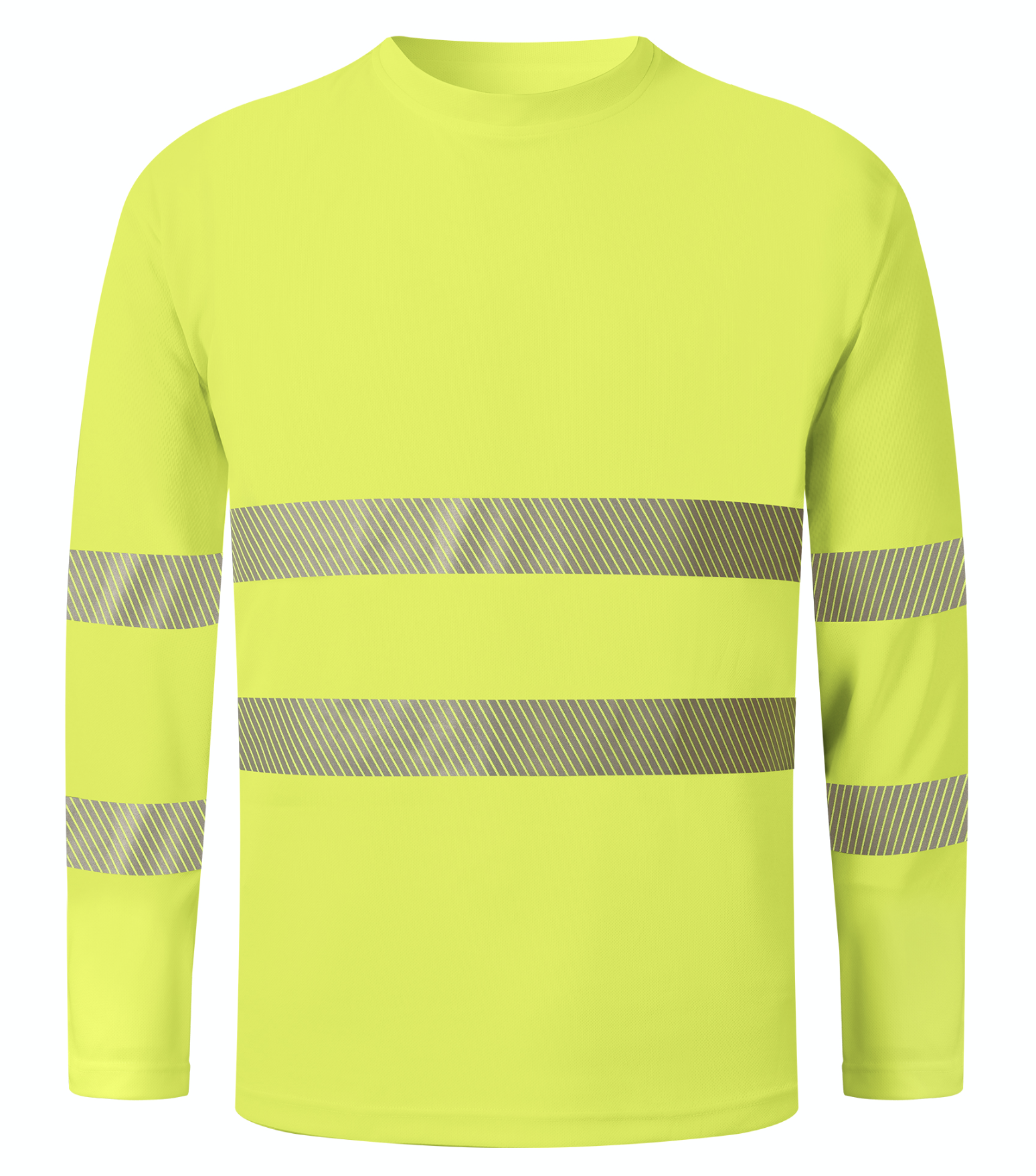 A yellow long sleeve shirt featuring reflective stripes for enhanced visibility and safety in low-light conditions.