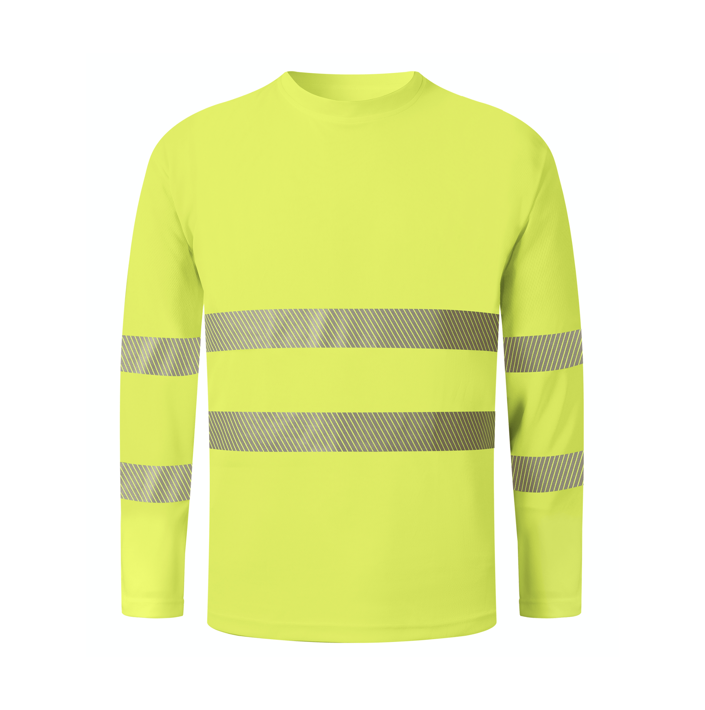 A yellow long sleeve shirt featuring reflective stripes for enhanced visibility and safety in low-light conditions.