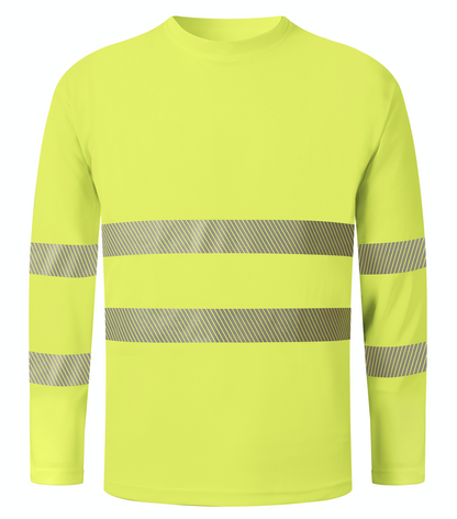 A yellow long sleeve shirt featuring reflective stripes for enhanced visibility and safety in low-light conditions.