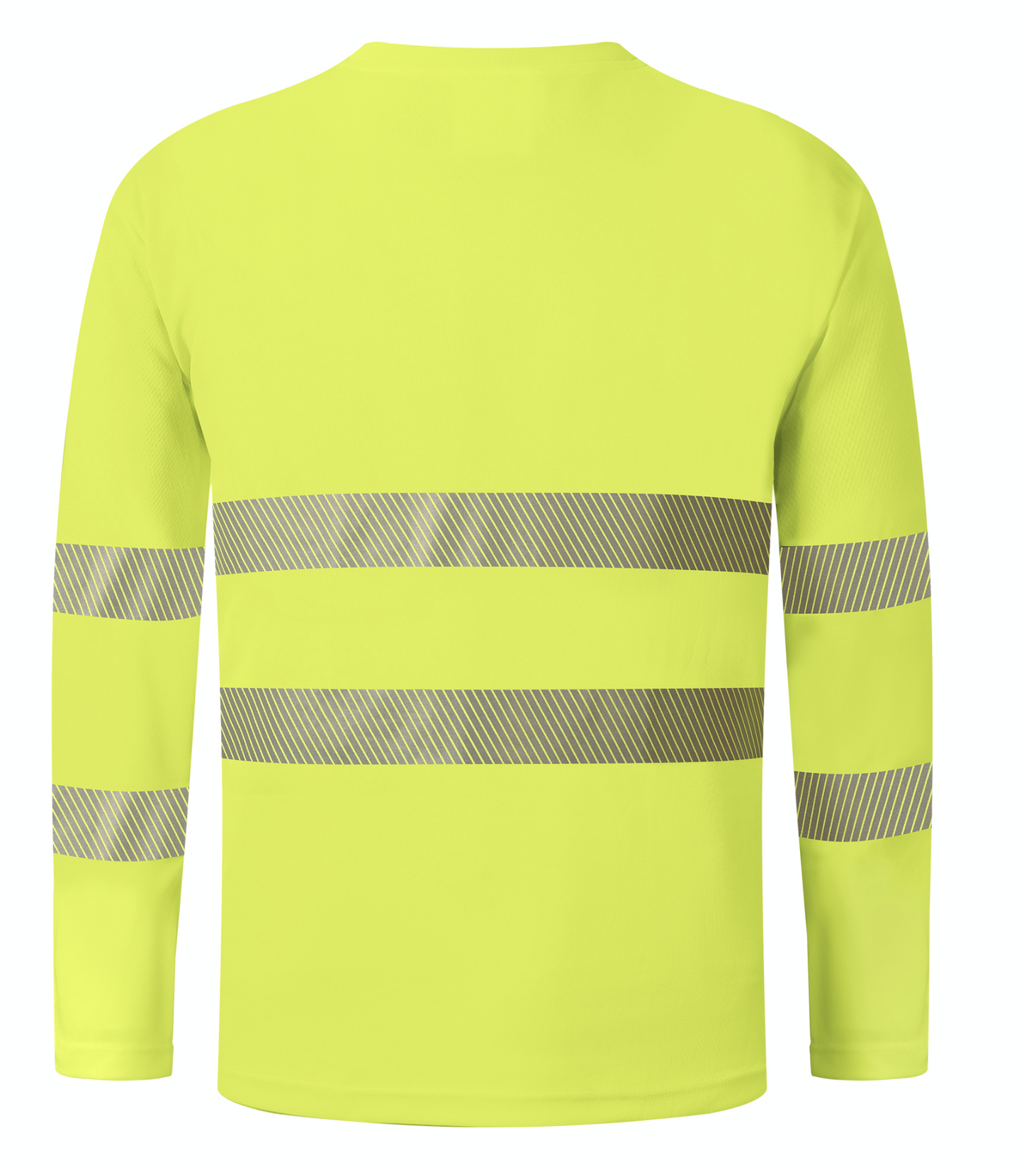 A yellow long sleeve shirt featuring reflective stripes for enhanced visibility and safety in low-light conditions.