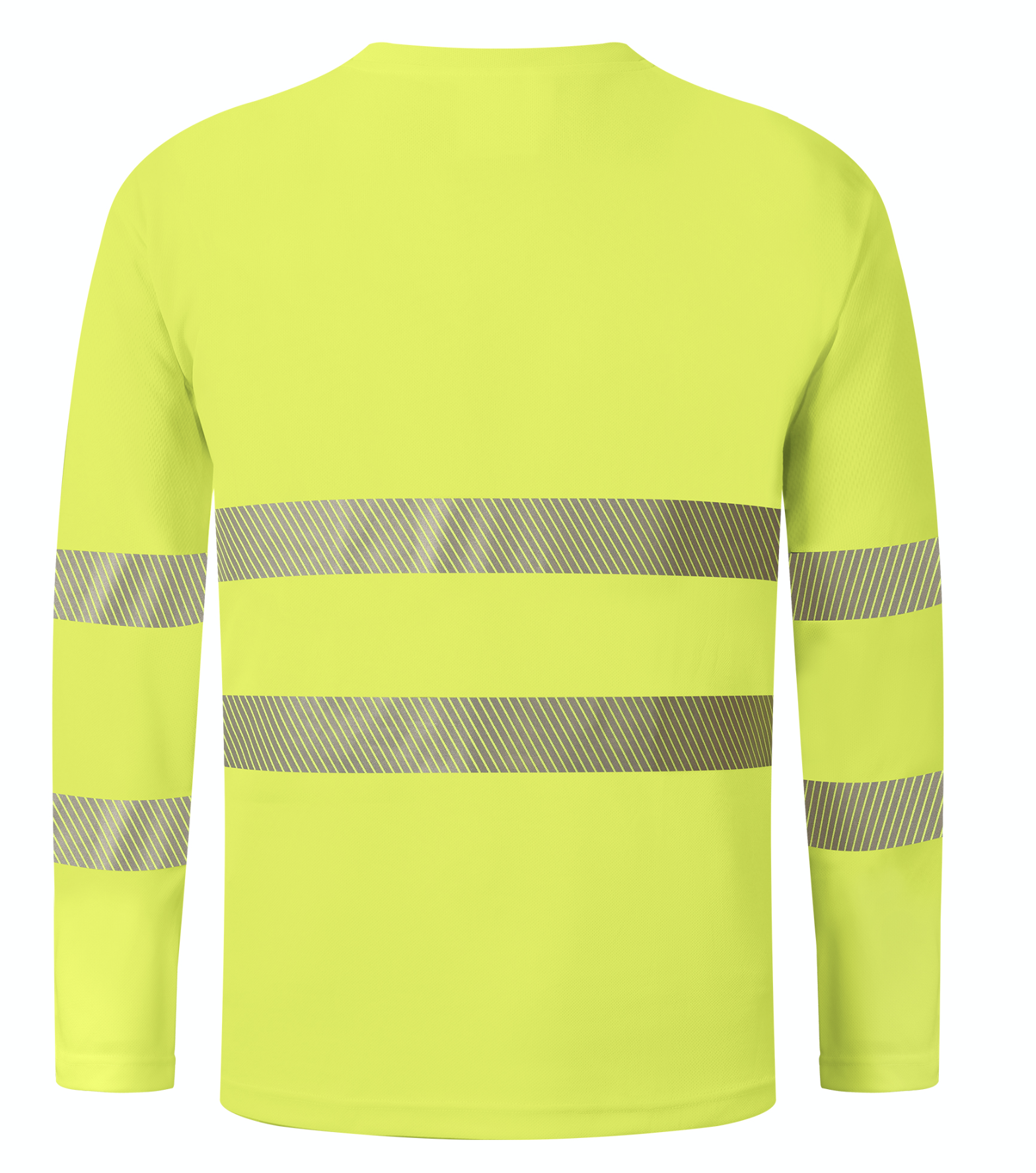 A yellow long sleeve shirt featuring reflective stripes for enhanced visibility and safety in low-light conditions.