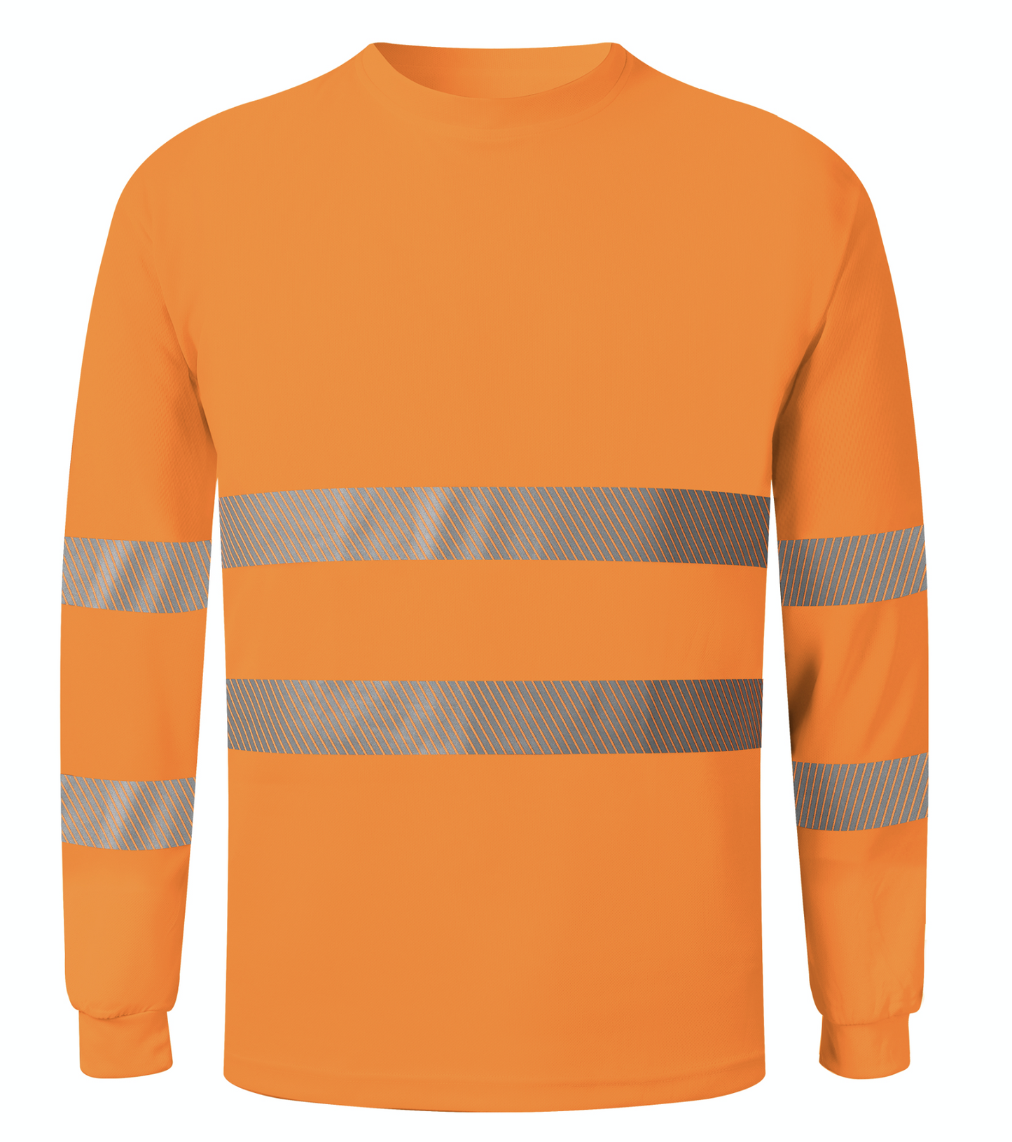 A orange long sleeve shirt featuring reflective stripes for enhanced visibility and safety in low-light conditions.