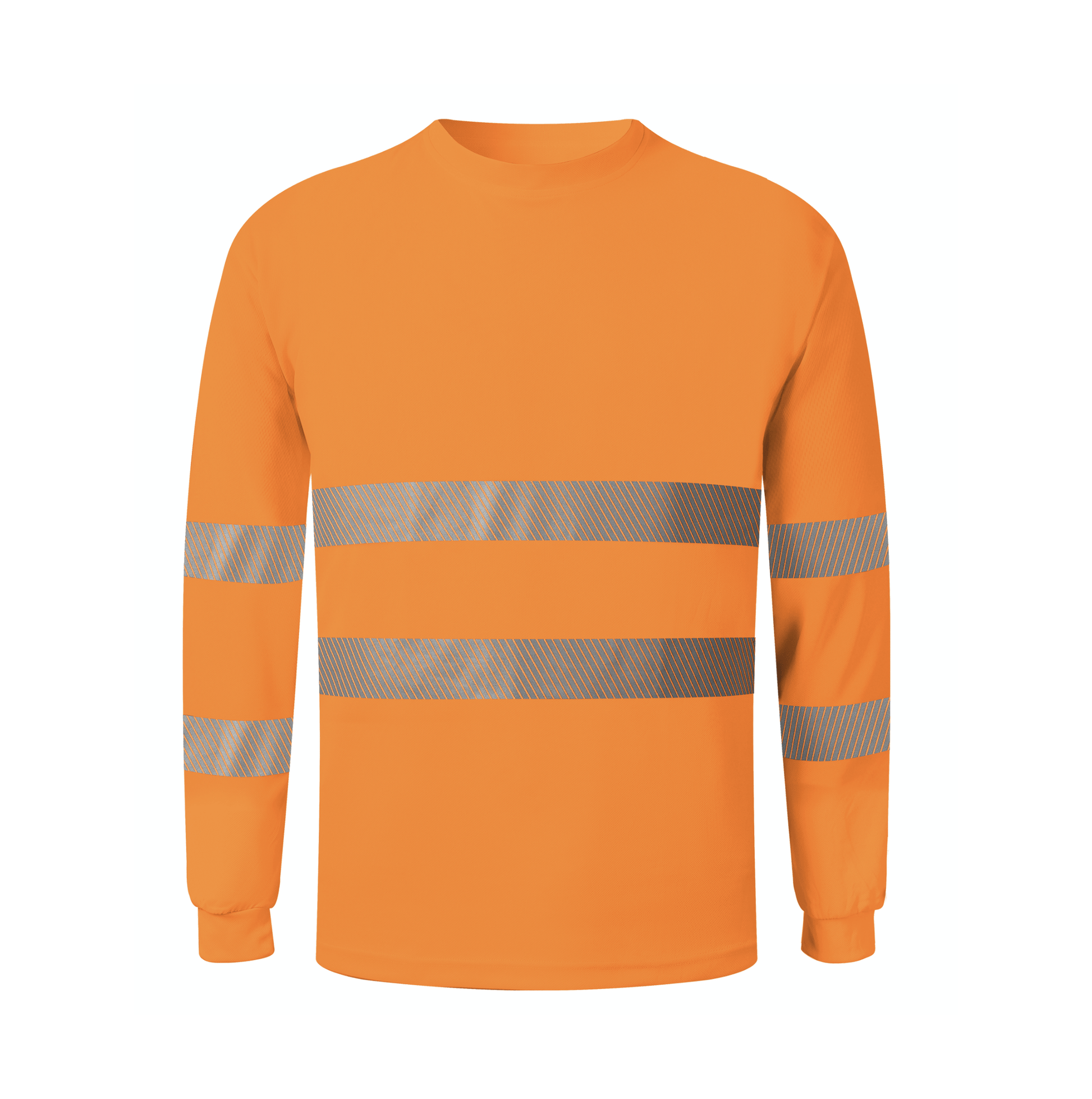 A orange long sleeve shirt featuring reflective stripes for enhanced visibility and safety in low-light conditions.