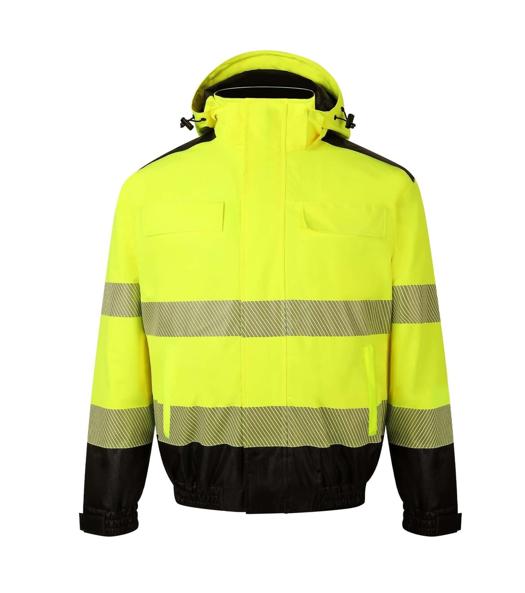 Hi-vis yellow winter bomber jacket for workwear with reflective stripes and black detailing.