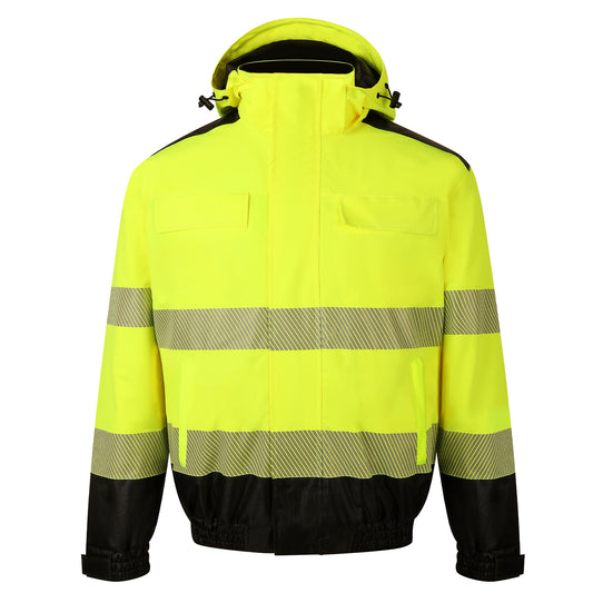 Hi-vis yellow winter bomber jacket for workwear with reflective stripes and black detailing.