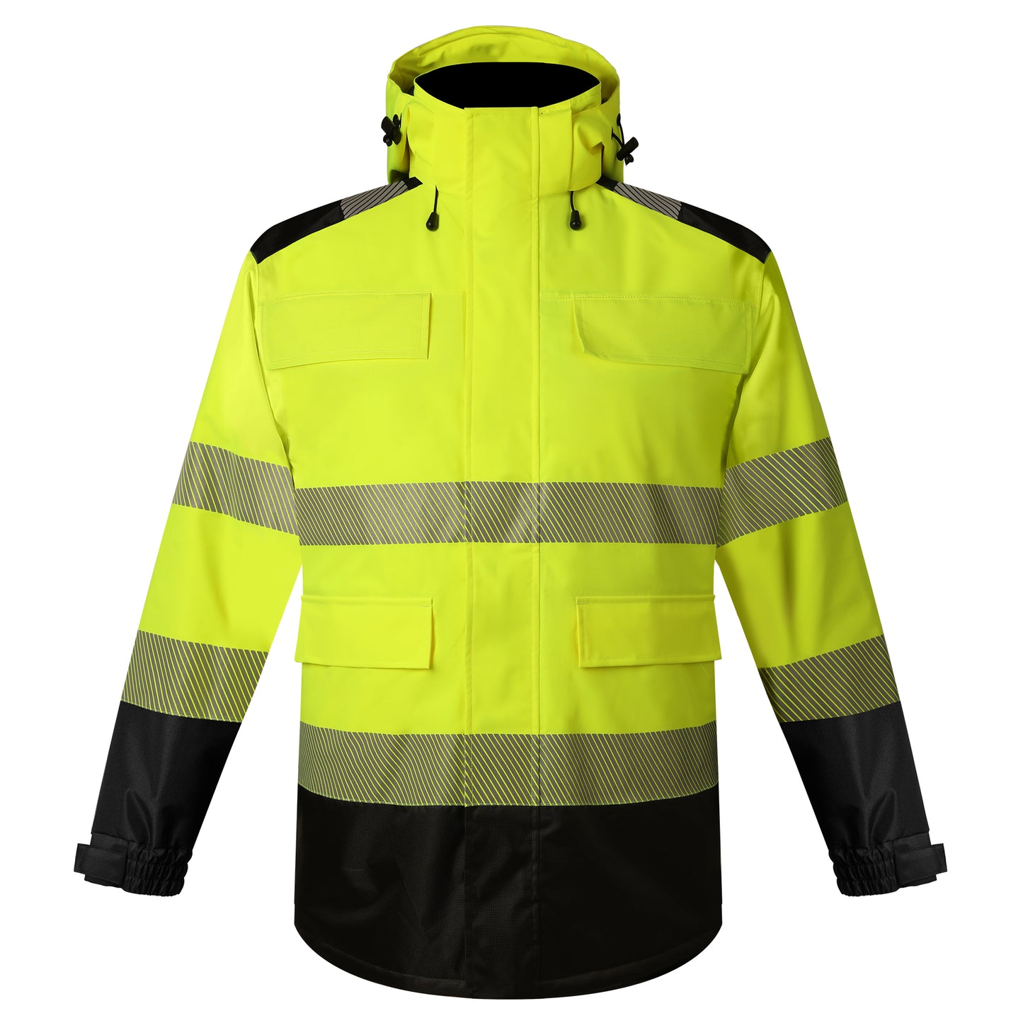 Hi-vis winter parka in yellow and black, featuring reflective stripes for enhanced visibility in workwear environments.