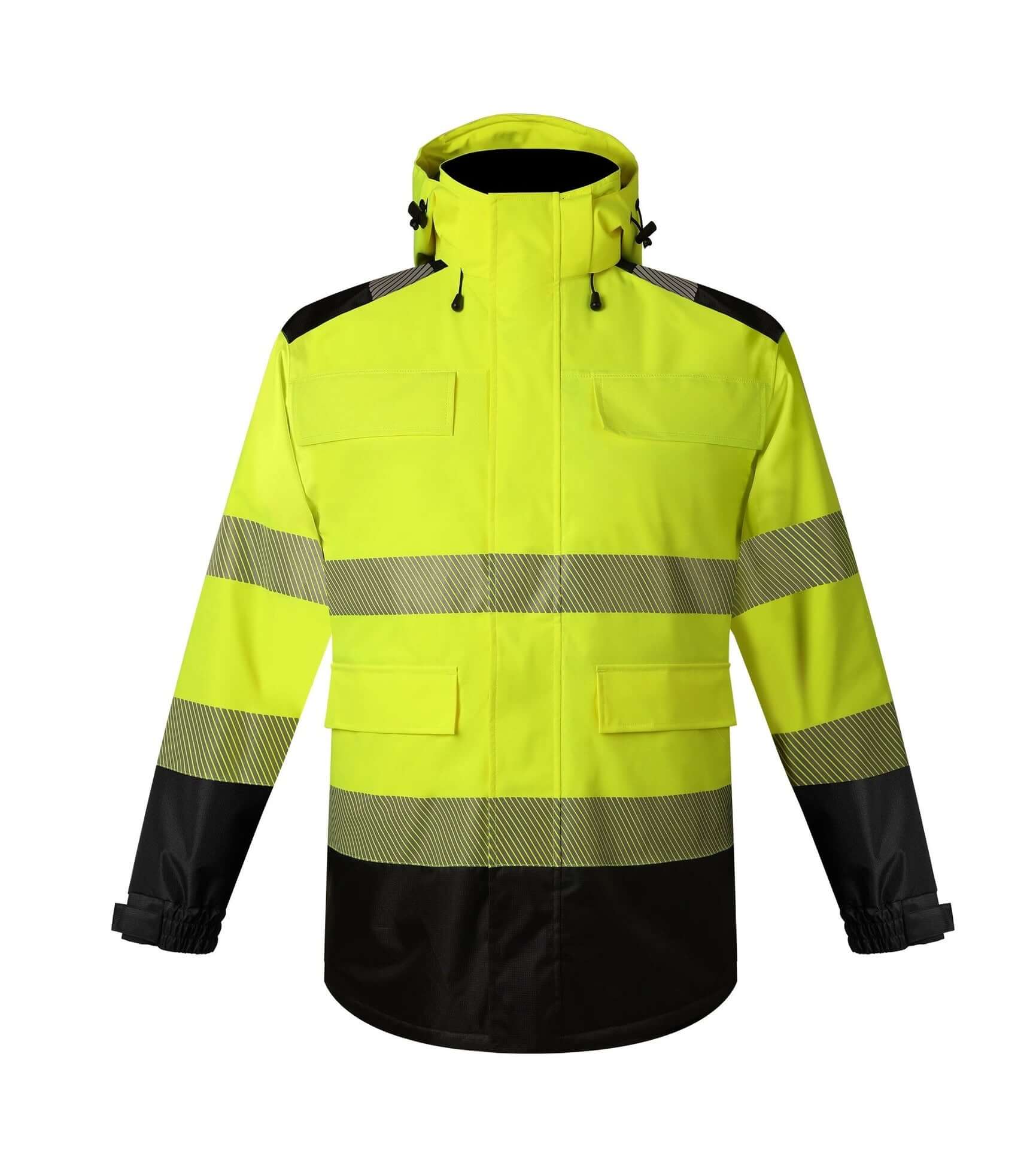 Hi-vis winter parka in yellow and black, featuring reflective stripes for enhanced visibility in workwear environments.