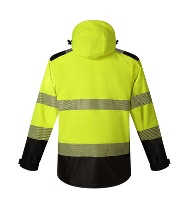 Hi-vis winter parka in yellow and black, featuring reflective stripes for enhanced visibility in workwear environments.