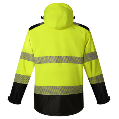 Hi-vis winter parka in yellow and black, featuring reflective stripes for enhanced visibility in workwear environments.