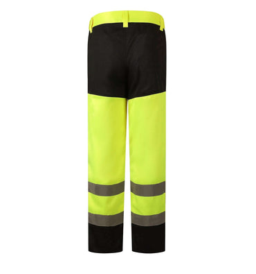 Southampton hi-vis pants in high-visibility yellow and black, designed for durability and comfort in workwear.