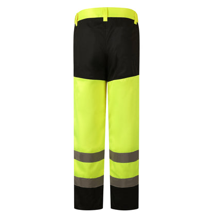 Southampton hi-vis pants in high-visibility yellow and black, designed for durability and comfort in workwear.