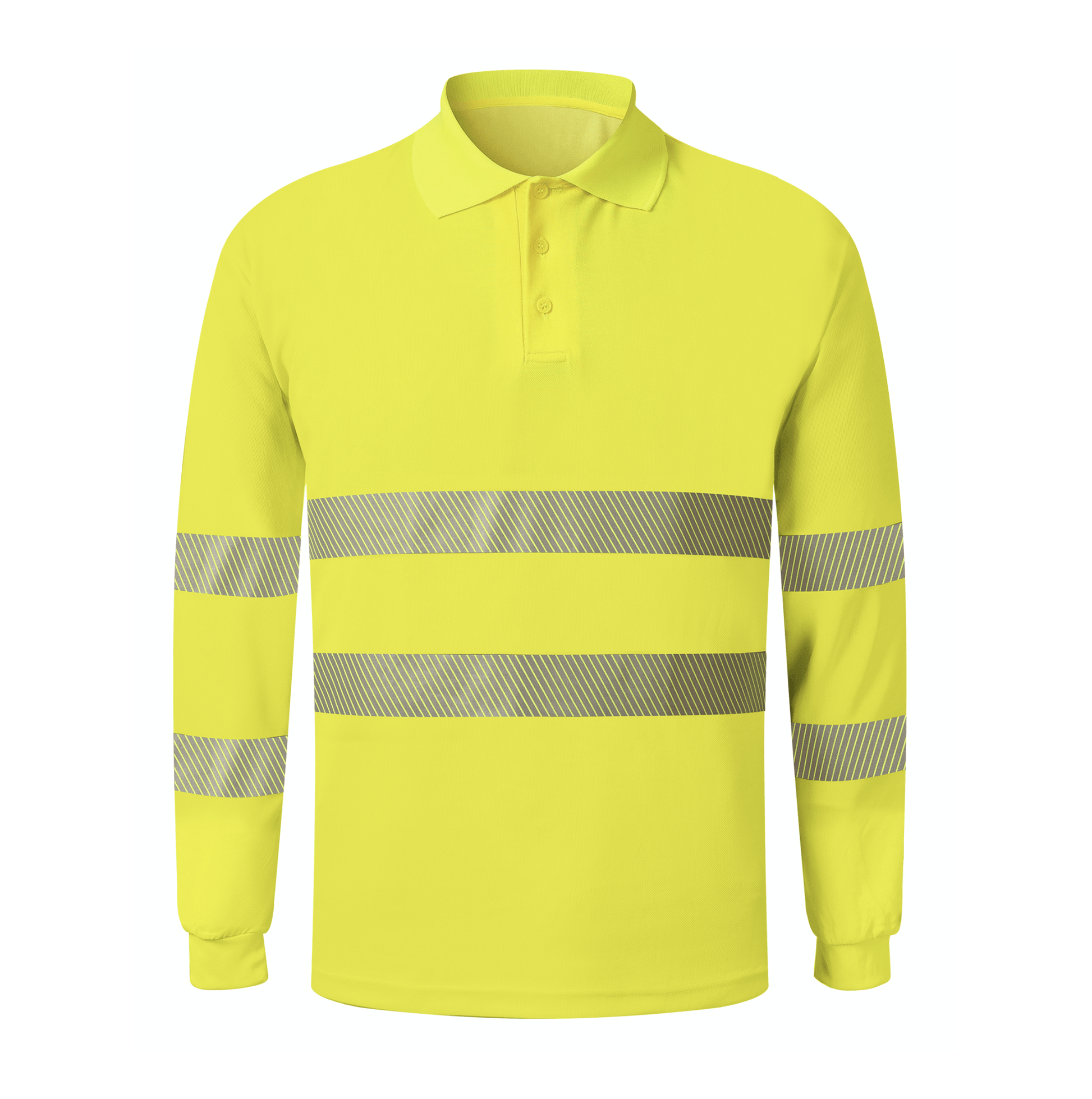 A bright yellow polo shirt adorned with reflective stripes, ideal for enhancing safety and visibility.