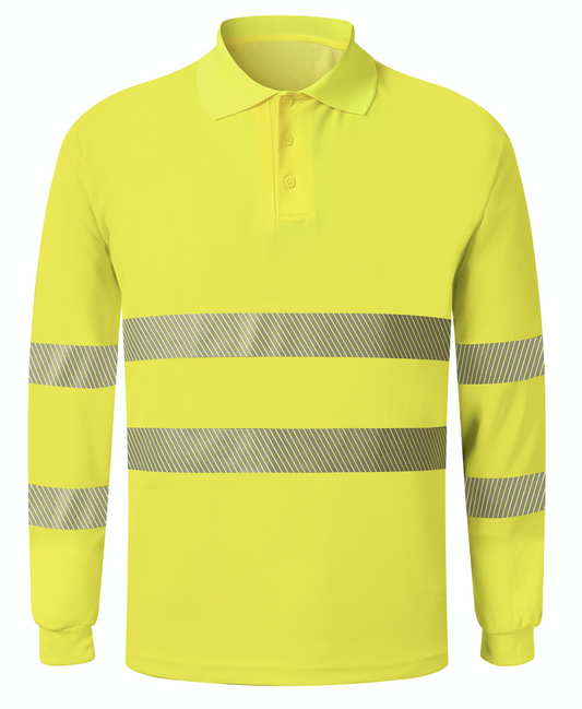 A bright yellow polo shirt adorned with reflective stripes, ideal for enhancing safety and visibility.