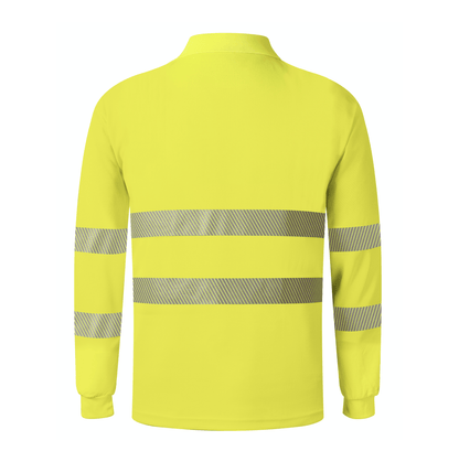 A bright yellow polo shirt adorned with reflective stripes, ideal for enhancing safety and visibility.