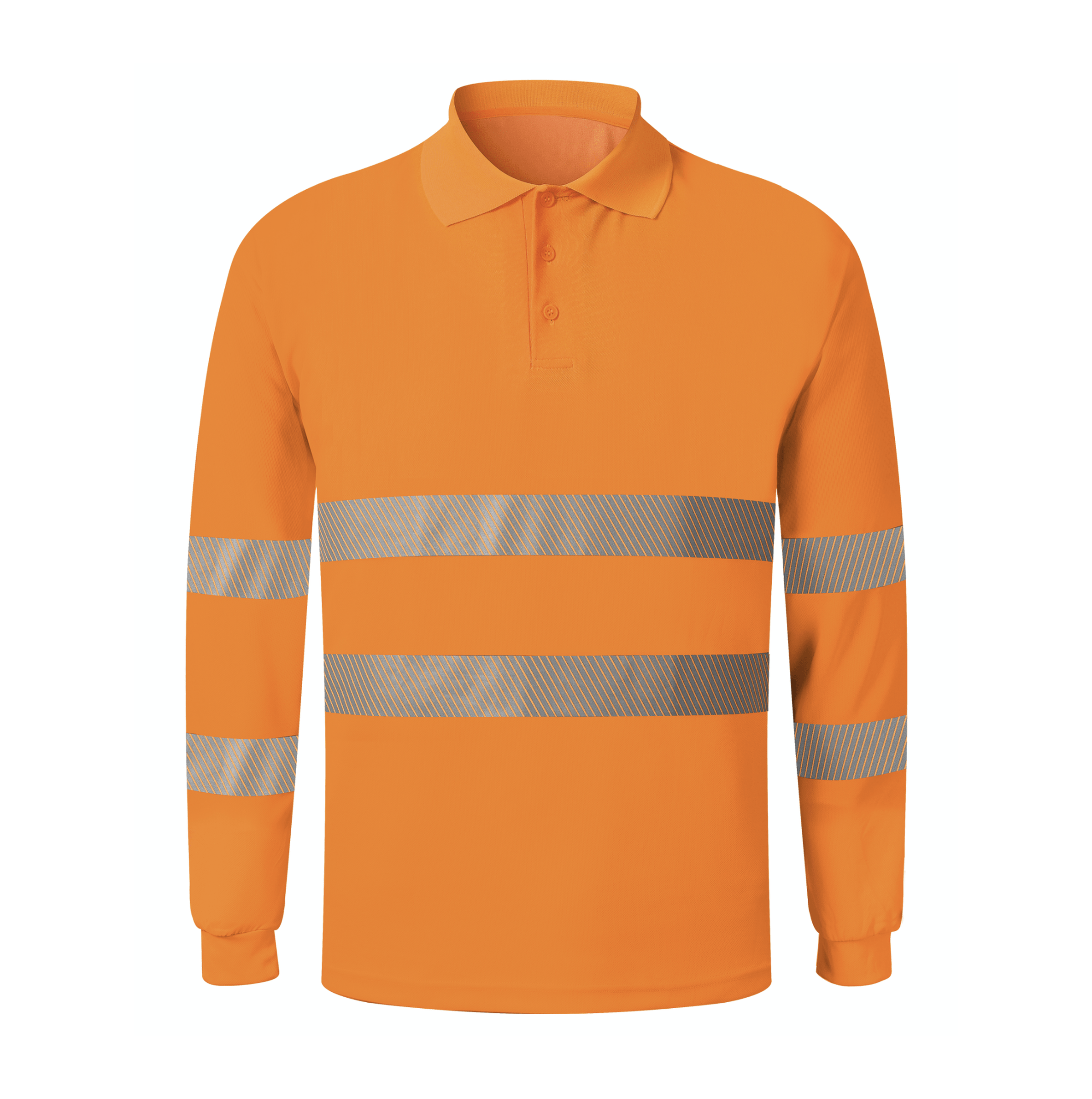 A bright orange polo shirt adorned with reflective stripes, ideal for enhancing safety and visibility.