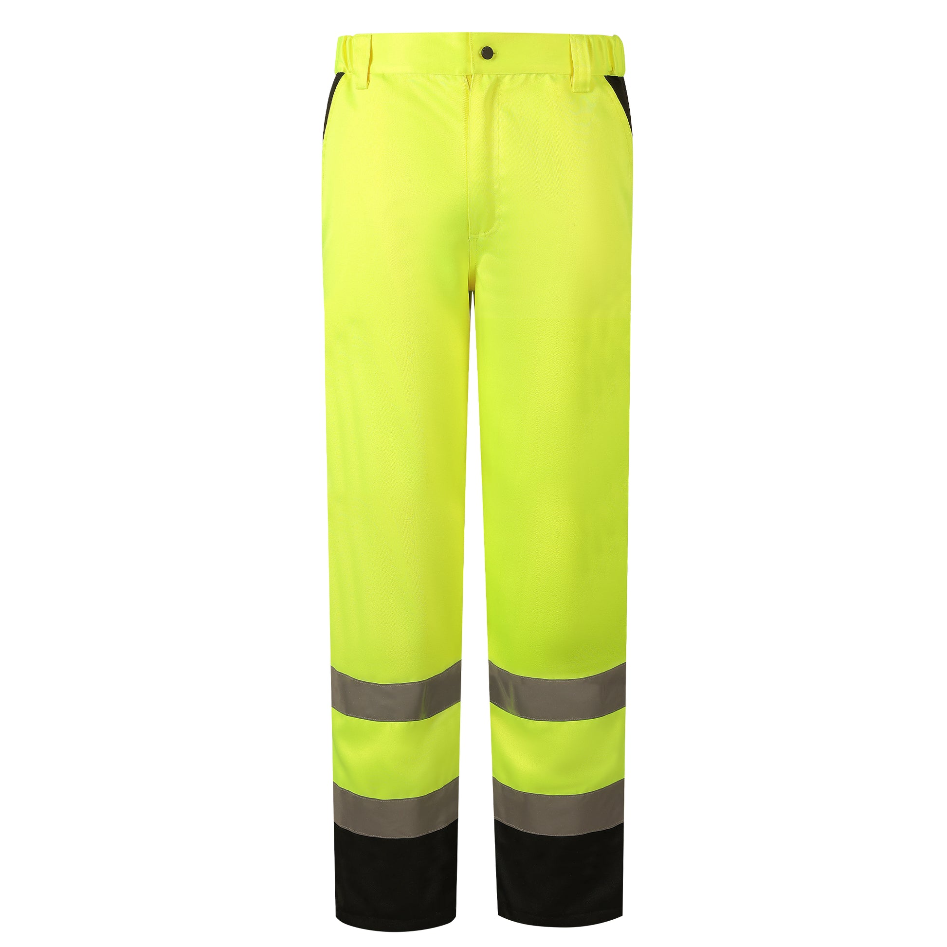 Southampton hi-vis pants in high-visibility yellow and black, designed for durability and comfort in workwear.