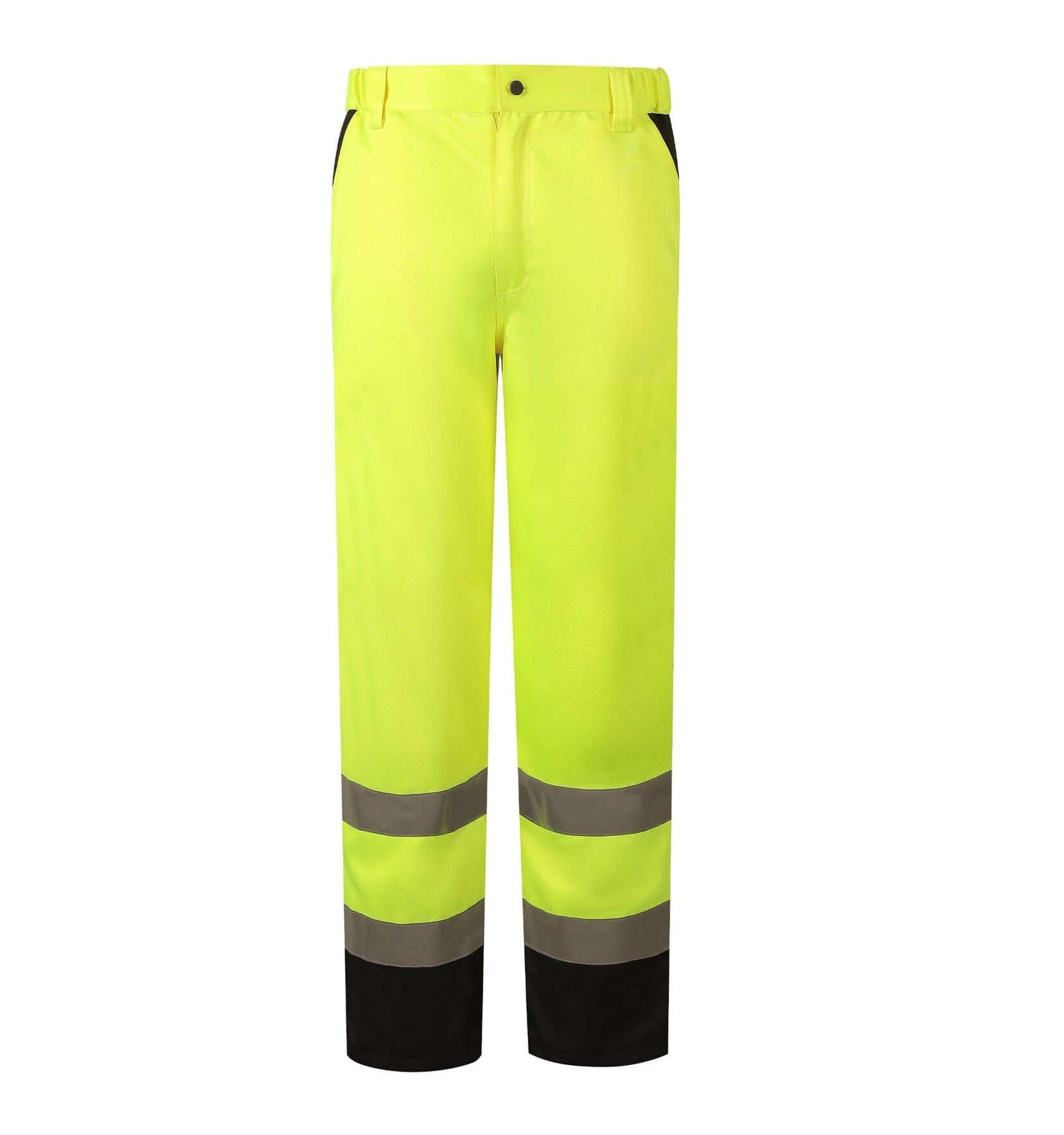 Southampton hi-vis pants in high-visibility yellow and black, designed for durability and comfort in workwear.