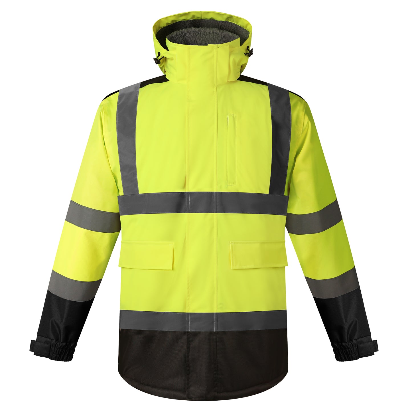 Hi-vis yellow and black winter parka jacket with reflective strips, ideal for workwear and outdoor use.