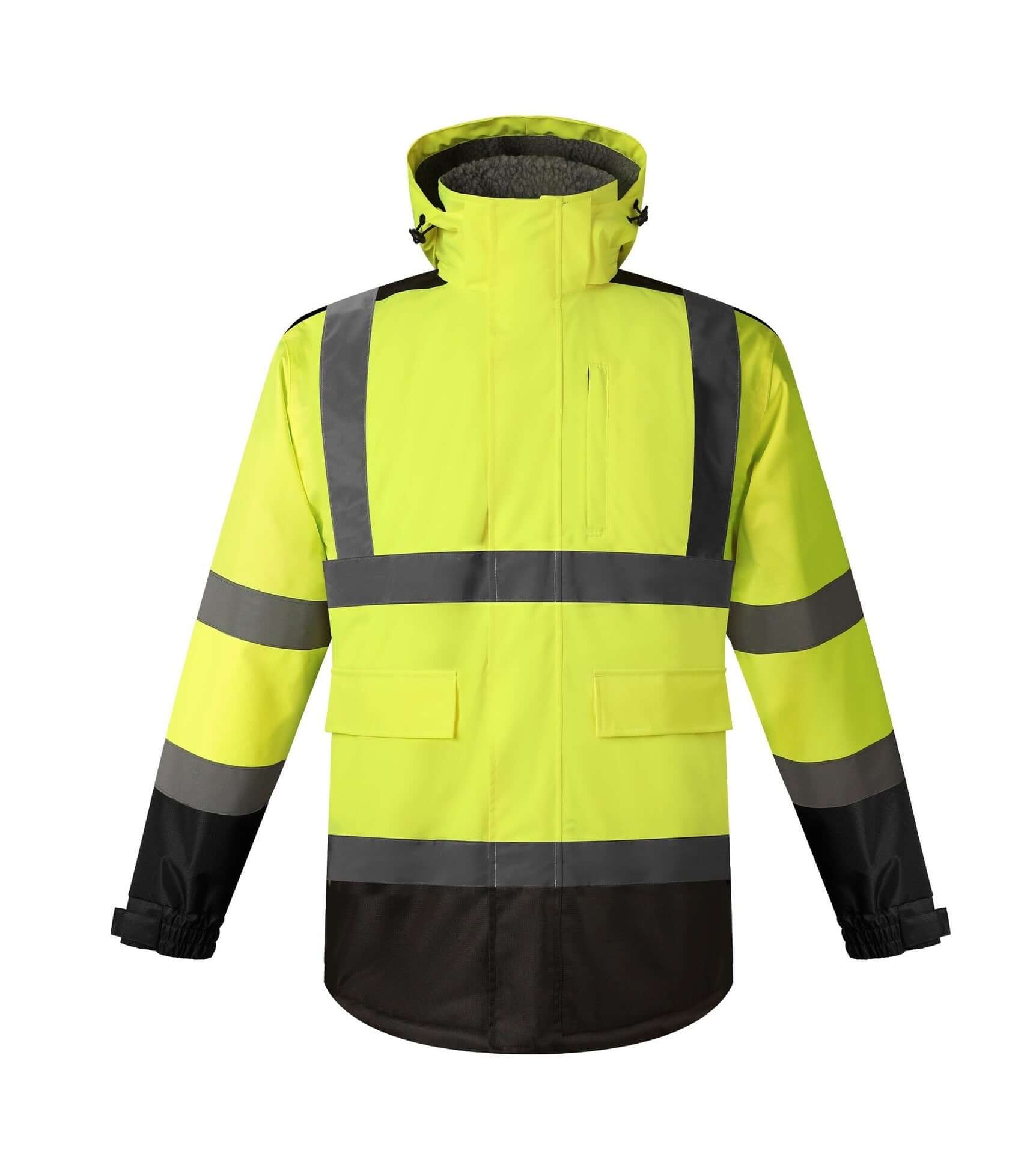 Hi-vis yellow and black winter parka jacket with reflective strips, ideal for workwear and outdoor use.