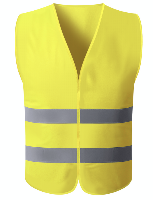 Yellow safety vest with reflective stripes, ensuring high visibility for wearers in outdoor or low-light situations.