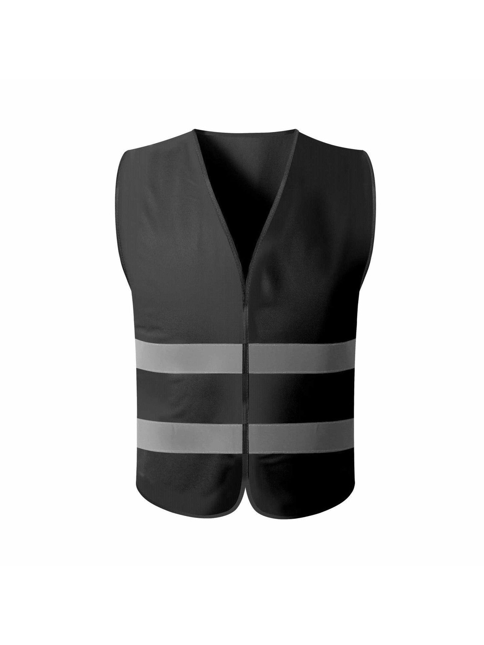 Black safety vest with reflective stripes, ensuring high visibility for wearers in outdoor or low-light situations.