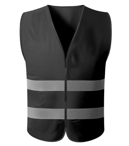 Black safety vest with reflective stripes, ensuring high visibility for wearers in outdoor or low-light situations.